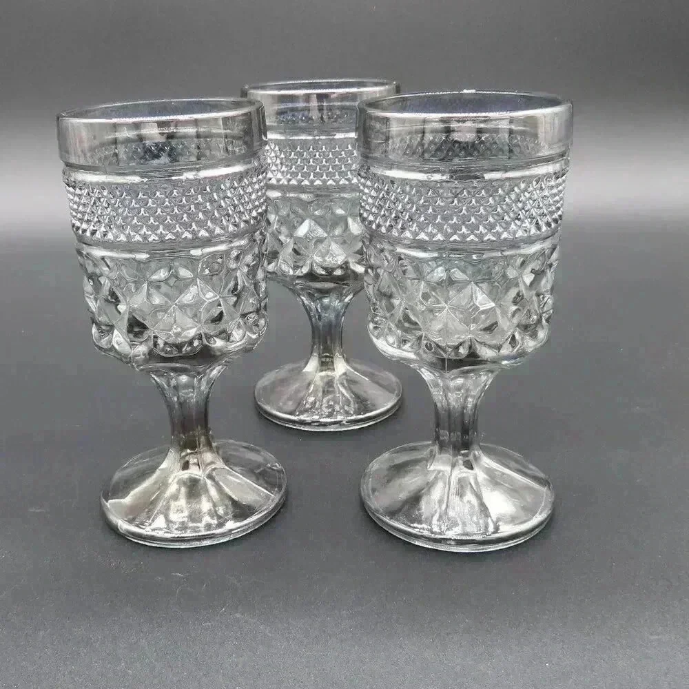 Anchor Hocking WEXFORD Pewter Mist Silver Wine Goblets Glasses 6 ounce Set of 3